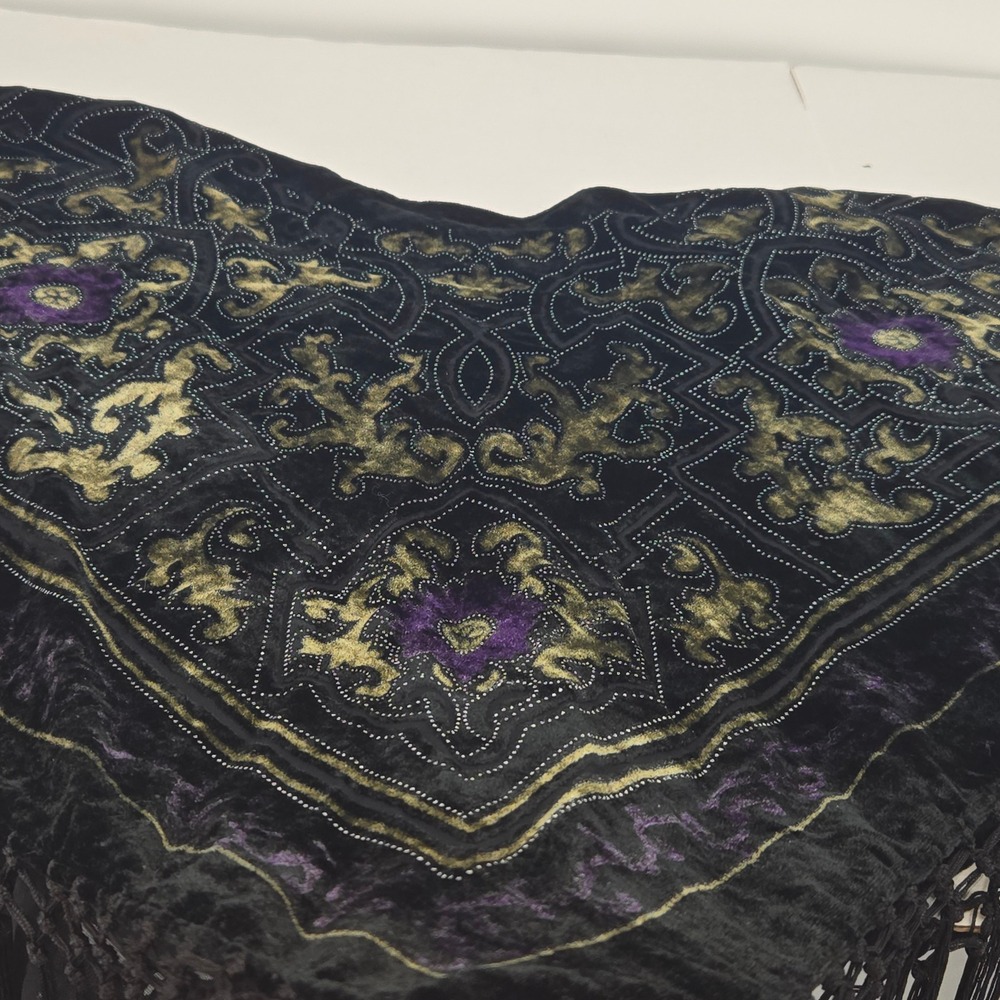 Poncho OS Velvet Fringe Color Shifting Purple Green Witchy Goth Festival Hippie - Picture 9 of 11